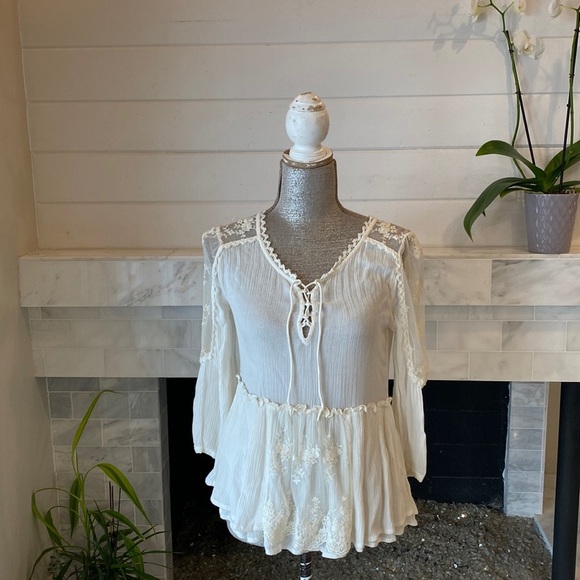 Free People Romance of the Rose Ivory Sheer Lacey Lace-Up Tunic Size XS - Picture 8 of 16